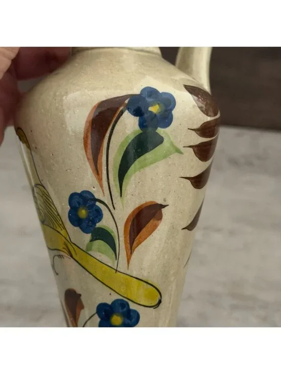 Vintage Tonala Mexico Hand Painted Yellow Bird Handled Ewer Pitcher Ceramic 12" - Picture 8 of 12